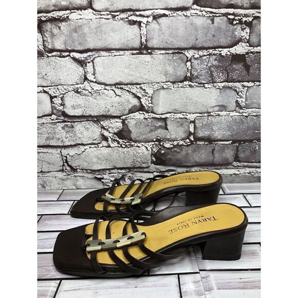 Taryn Rose Brown Leather Stone Slides Strap Heel Sandals Women Sz 38EU/7.5M US - Picture 10 of 16